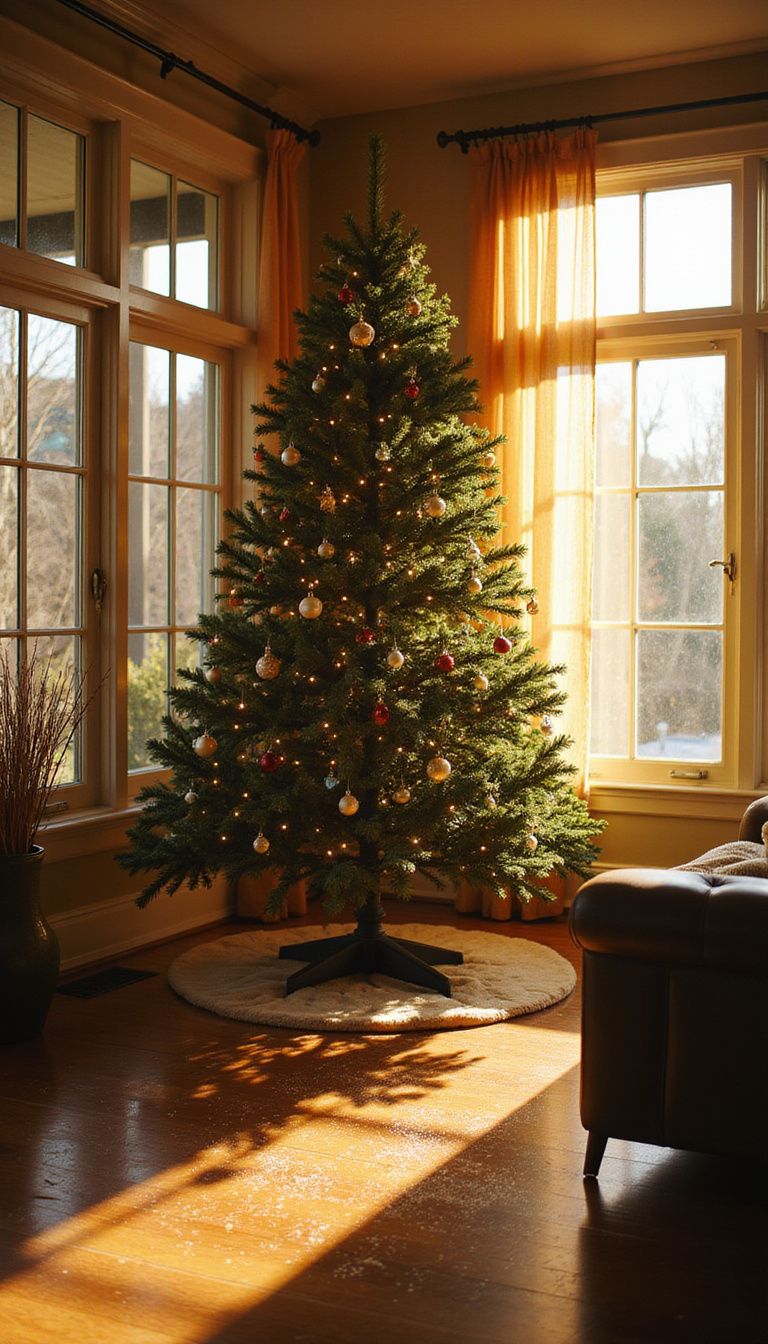 A cozy living room features a majestic artificial Christmas tree.
