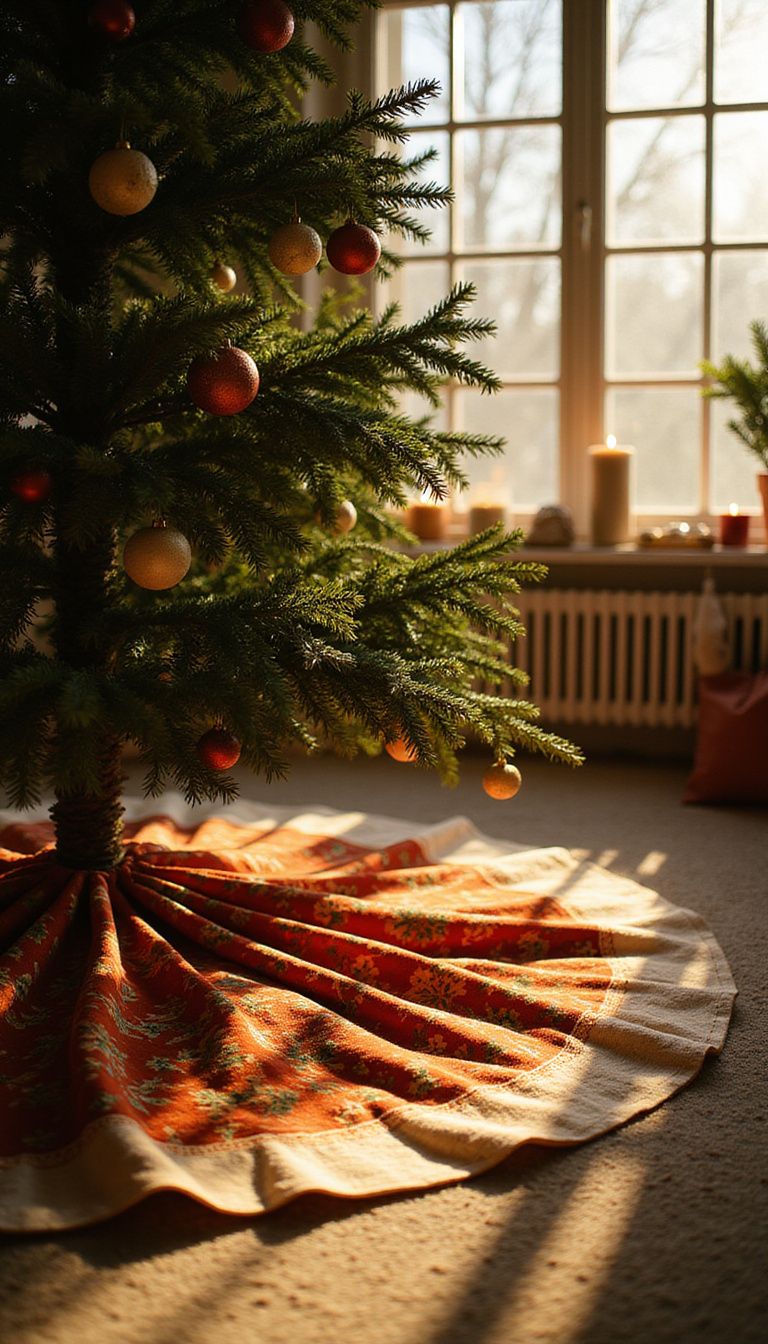 Cozy living room featuring a beautifully detailed Christmas tree skirt.