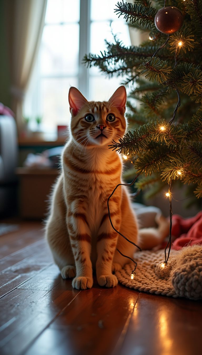 A curious cat is tangled in Christmas tree lights at home.