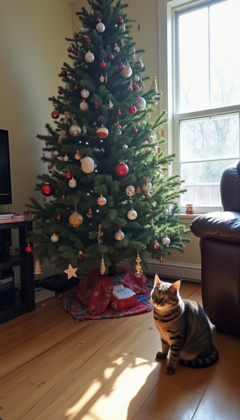 A cozy living room with a decorated Christmas tree and curious cat.