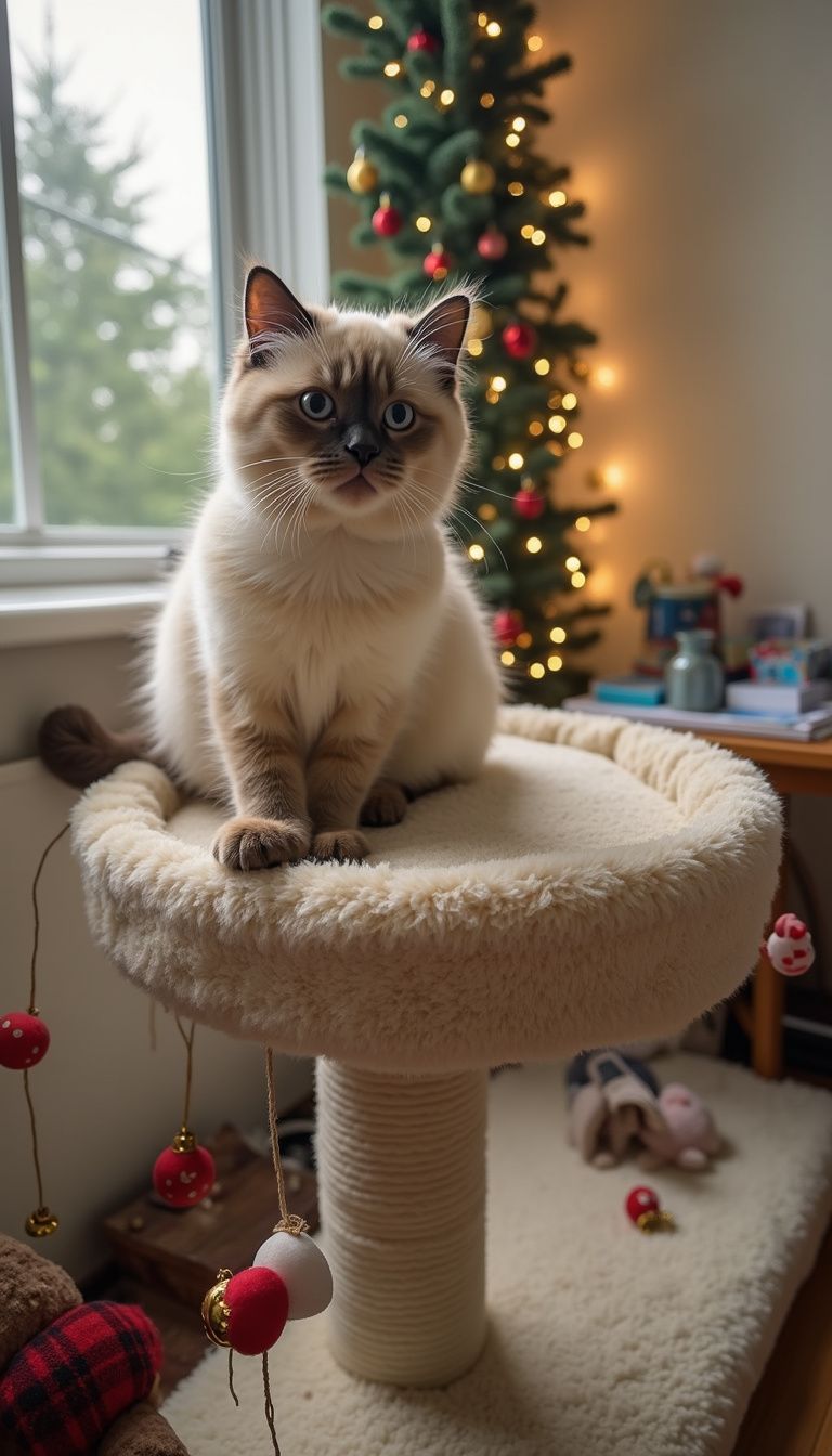 A cozy, lived-in cat tree with playful decorations and toys.