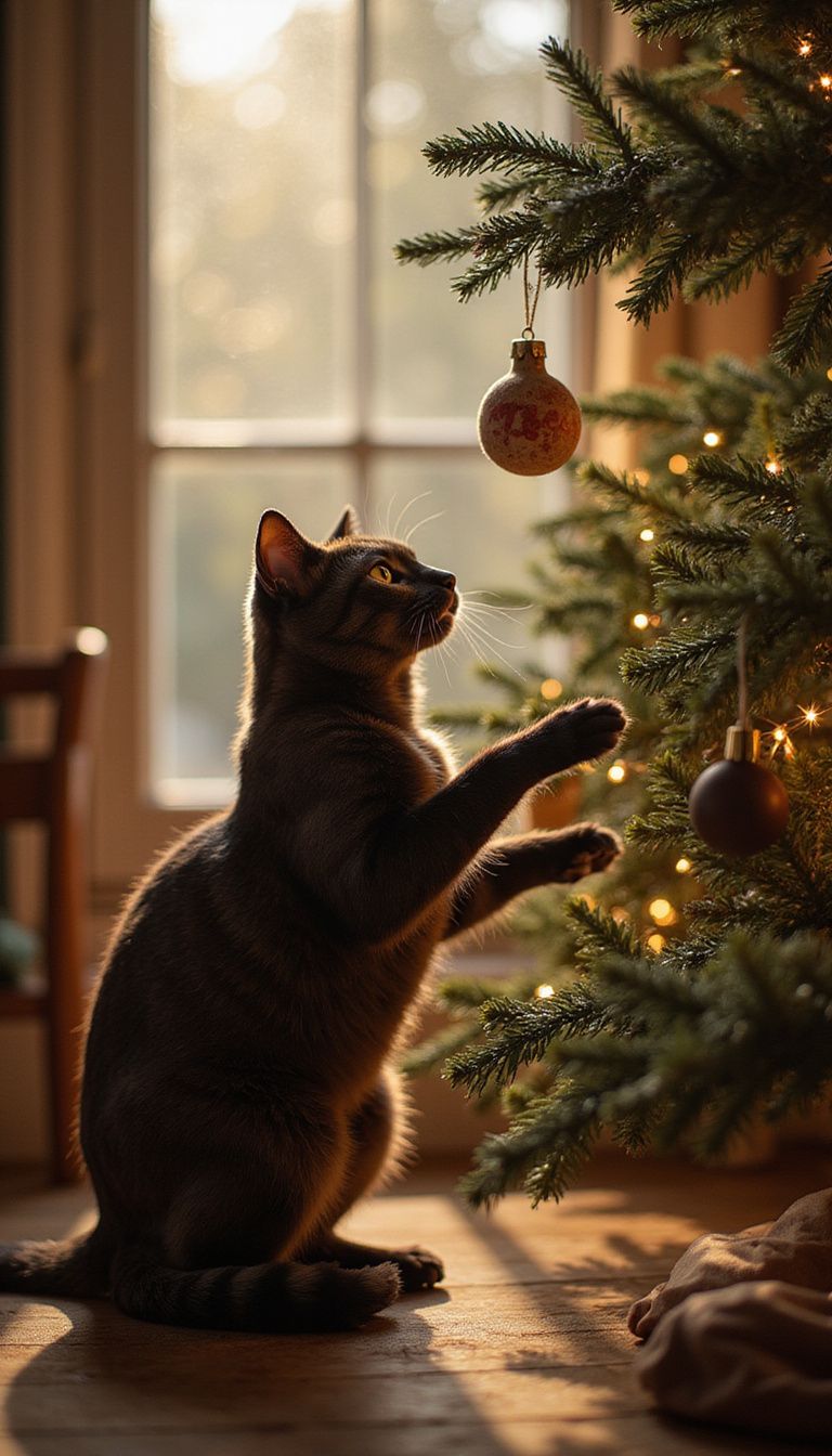 A playful cat swipes at a festive ornament on a Christmas tree.