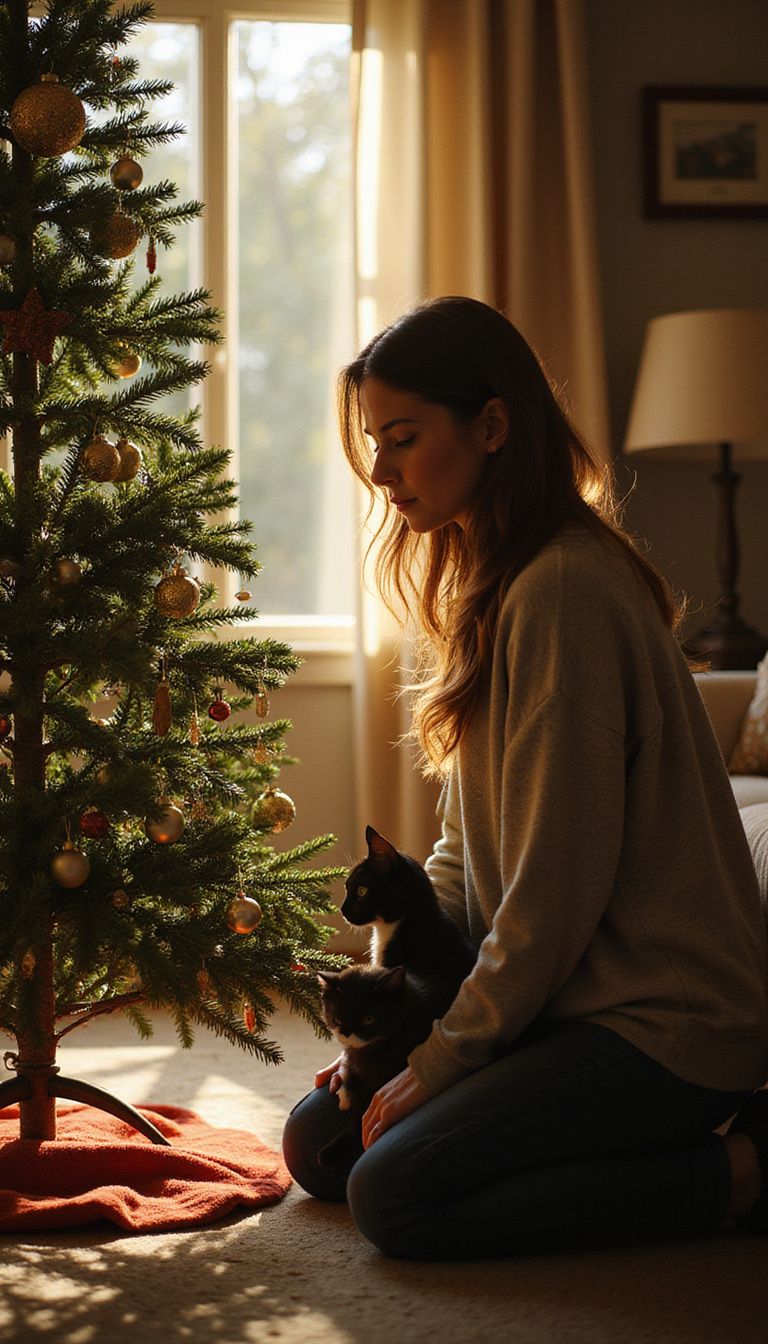 A woman inspects a Christmas tree while ensuring her cat's safety.