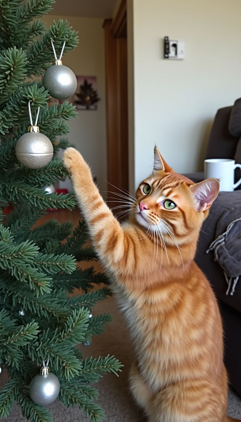 A ginger tabby cat playfully bats at a Christmas tree ornament.