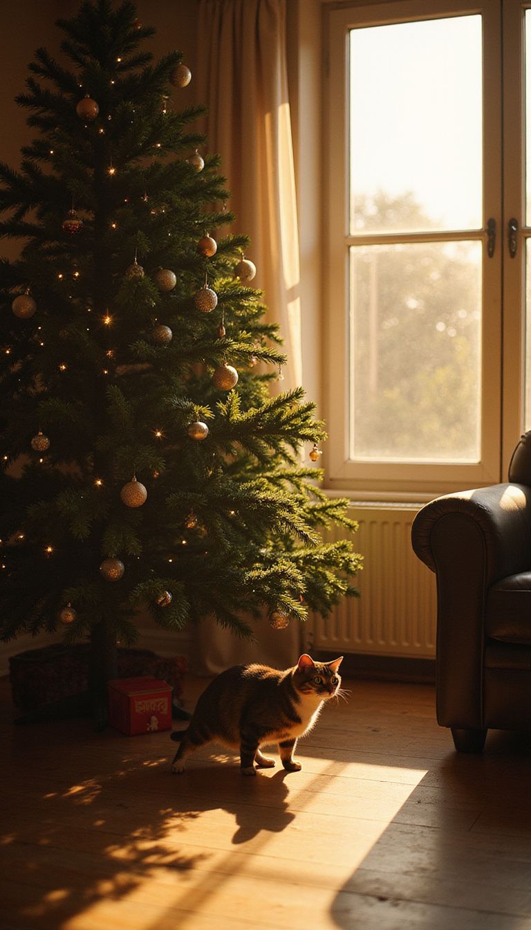 A curious cat explores beneath a decorated Christmas tree.