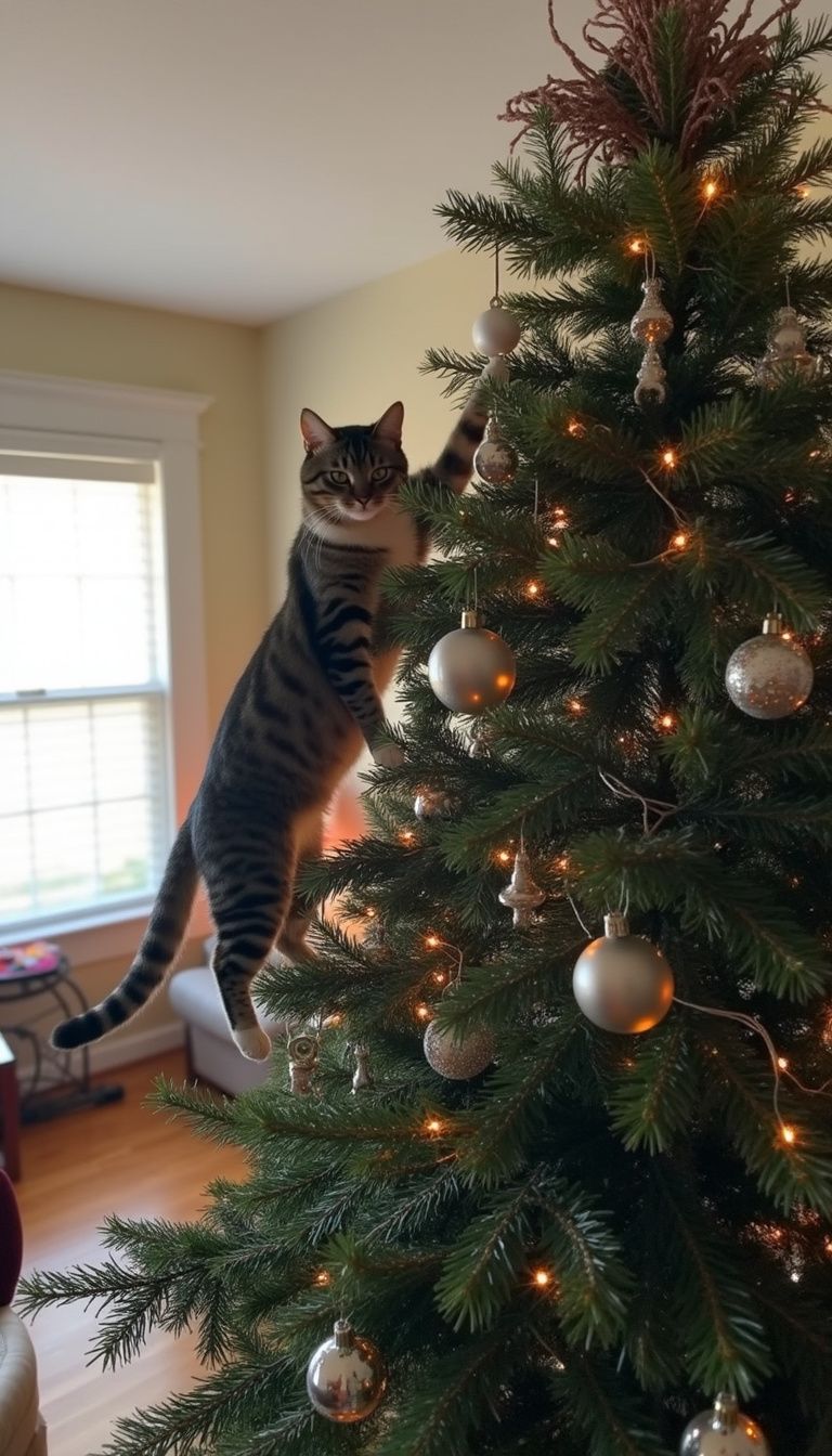 A cat awkwardly climbs a messy Christmas tree in a cozy living room.