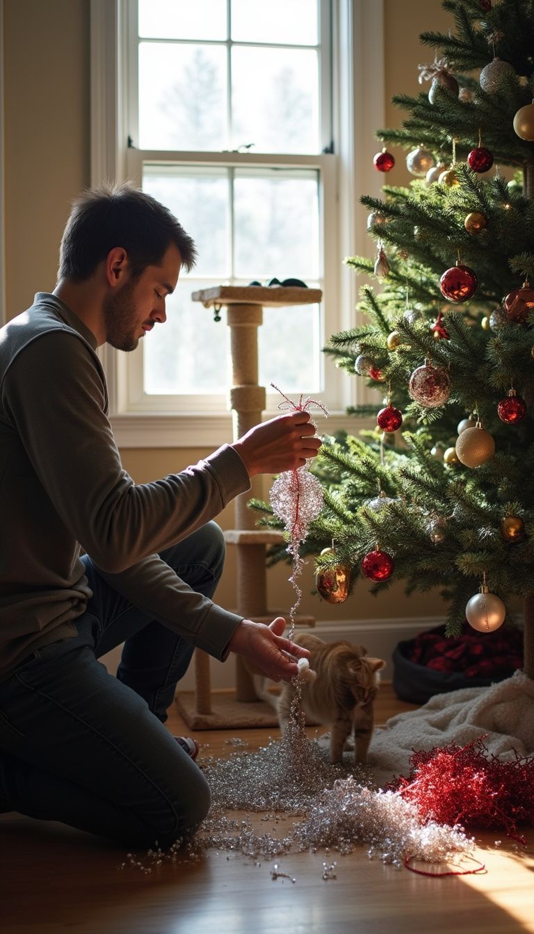 Person carefully removes Christmas decorations while watching their curious cat.
