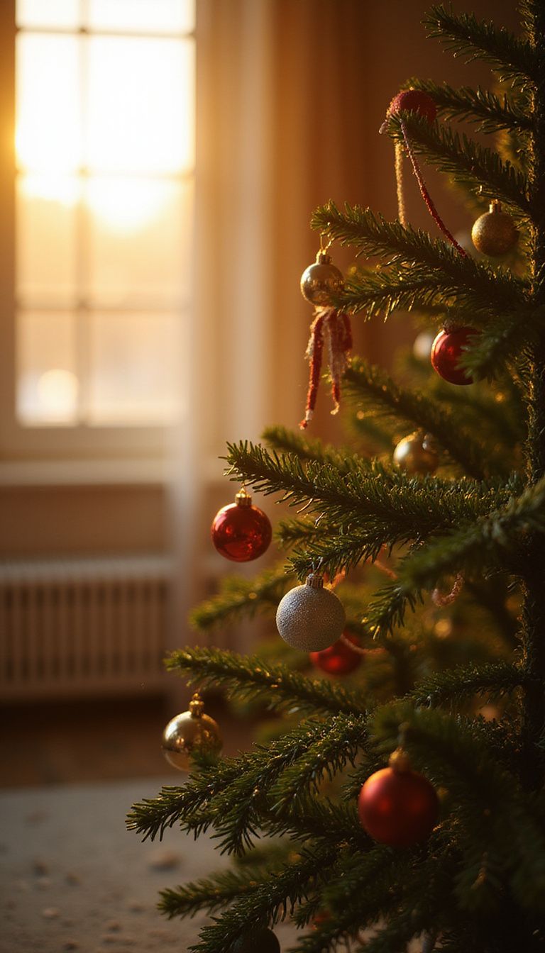 A cozy Christmas tree with cat-safe ornaments creates a festive atmosphere.