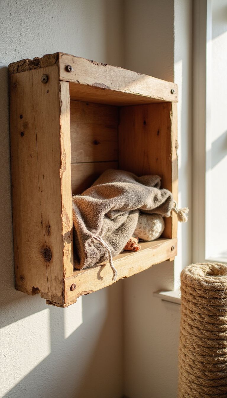 A cozy wooden crate shelf holds toys and a blanket. A cozy wooden crate shelf holds toys and a blanket.