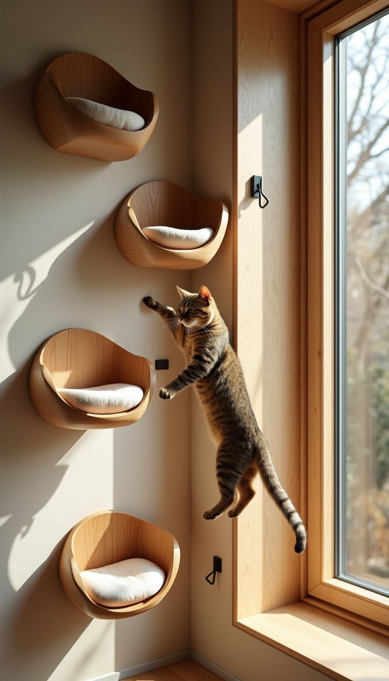 Modern living room designed for cats with climbing shelves and cozy nooks. Modern living room designed for cats with climbing shelves and cozy nooks.