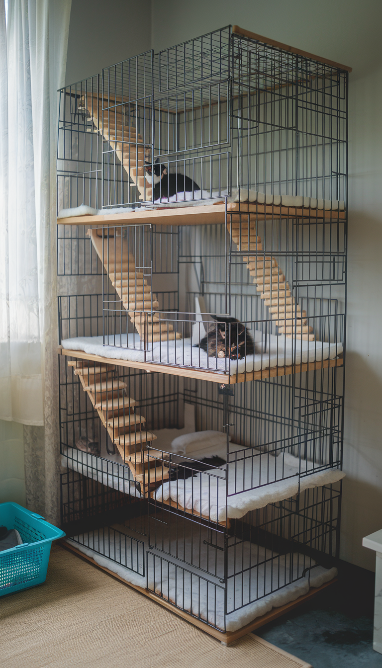 A multi-tiered cage structure designed for cat