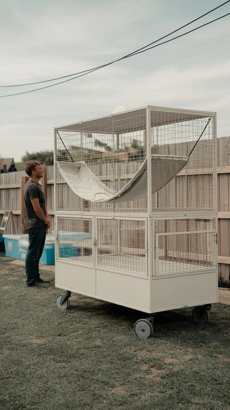 An outdoor setting with a large white cat cage on wheels