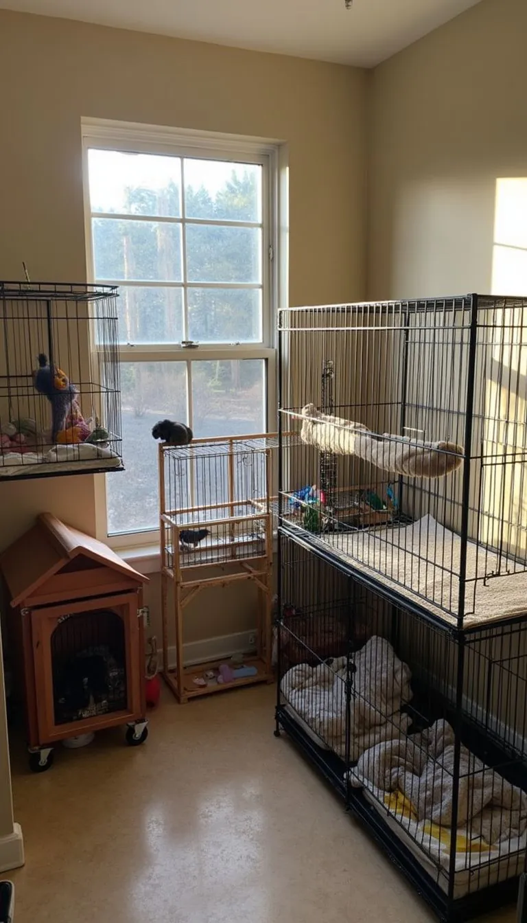 Cozy corner showing different cat cages and toys neatly arranged.