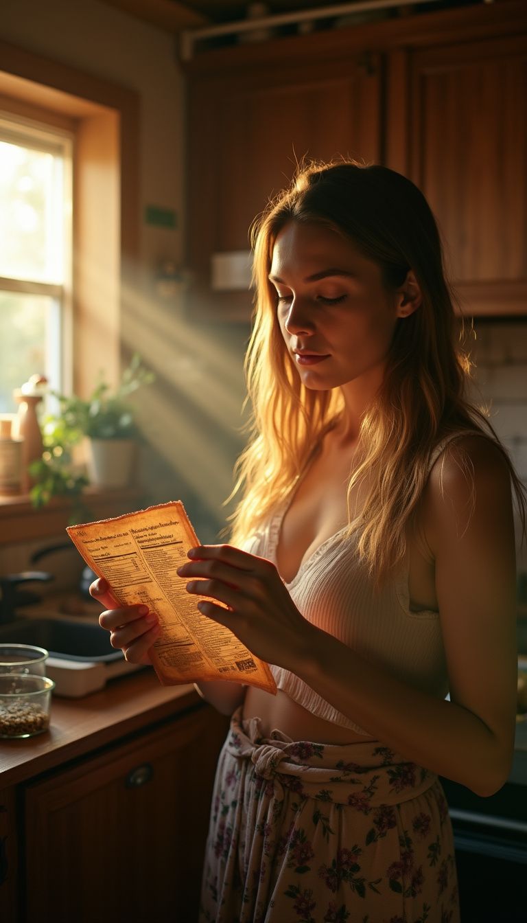 Person studying a cat food label in a warm kitchen. Person studying a cat food label in a warm kitchen.
