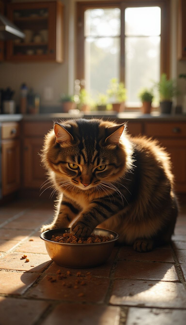 Tabby cat eagerly eating soft wet food from a bowl. Tabby cat eagerly eating soft wet food from a bowl.
