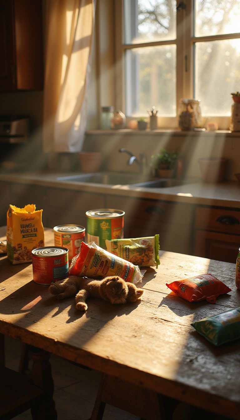 Kitchen table with different cat foods and a toy for comparison. Kitchen table with different cat foods and a toy for comparison.