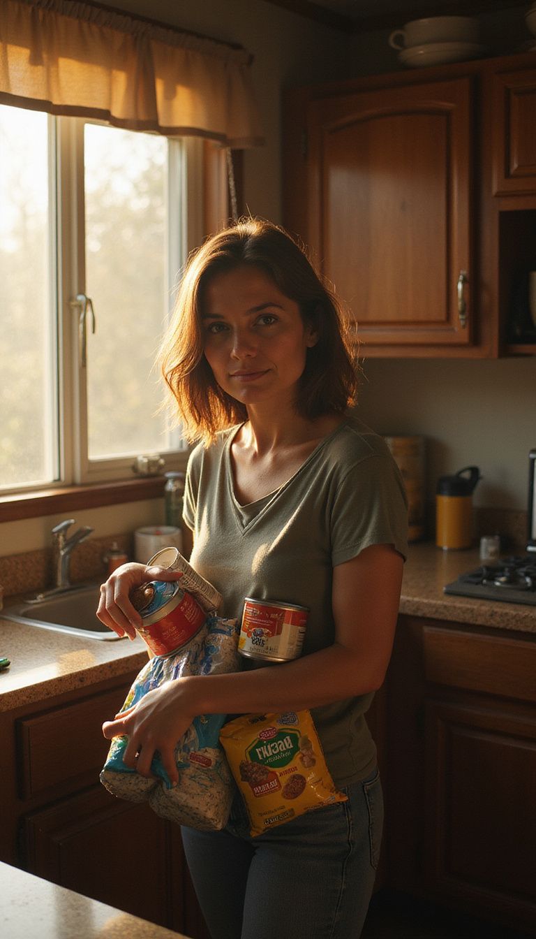 Home cook choosing between canned and dry cat food in a kitchen. Home cook choosing between canned and dry cat food in a kitchen.
