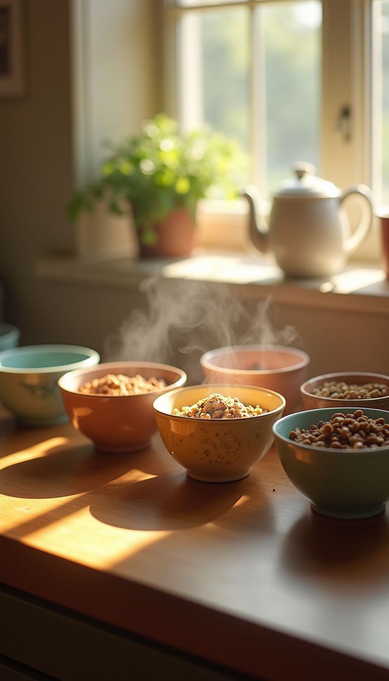 Countertop with labeled bowls for different cat diet needs. Countertop with labeled bowls for different cat diet needs.