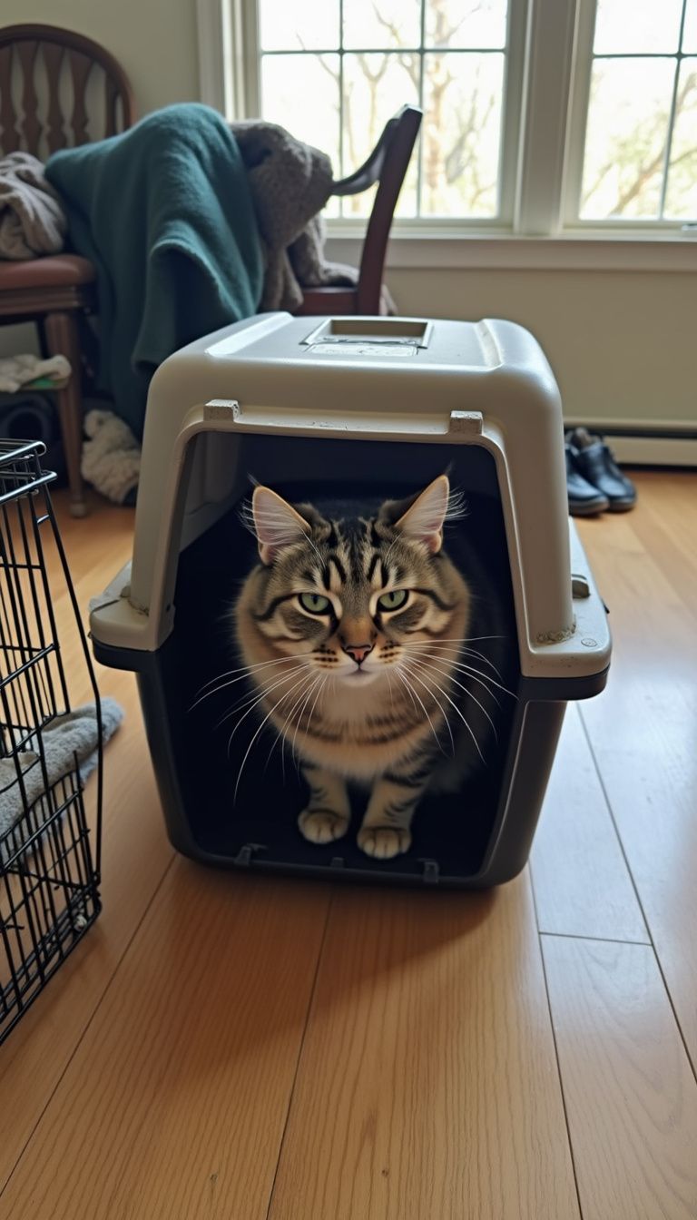 Large cat lounging inside a worn plastic pet kennel.