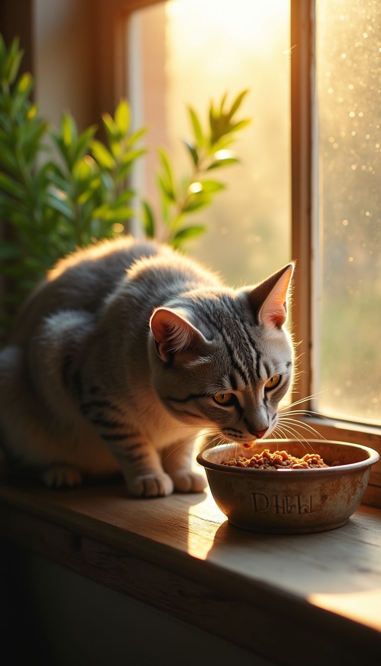Older cat enjoying a soft wet meal in gentle light. Older cat enjoying a soft wet meal in gentle light.