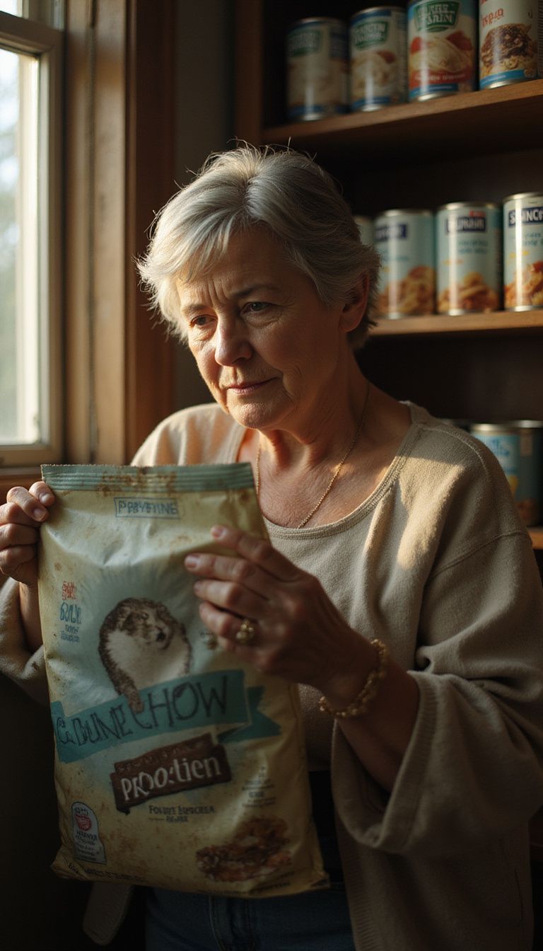 Senior shopper checking protein content on a cat food label. Senior shopper checking protein content on a cat food label.