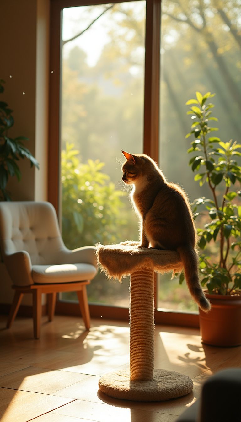 A serene living room features a well-worn cat tree and lush garden. A serene living room features a well-worn cat tree and lush garden.