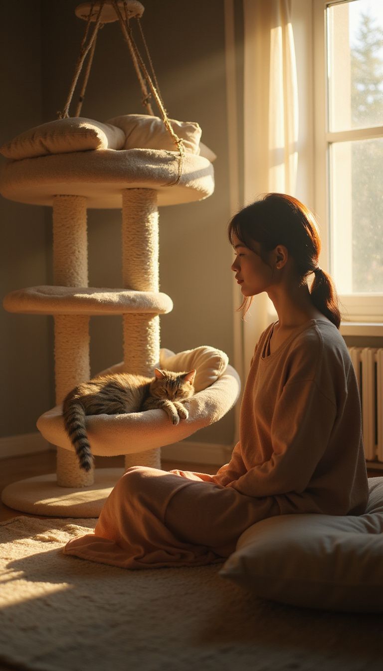 A cozy cat tree scene with a sleeping feline and a tender observer. A cozy cat tree scene with a sleeping feline and a tender observer.