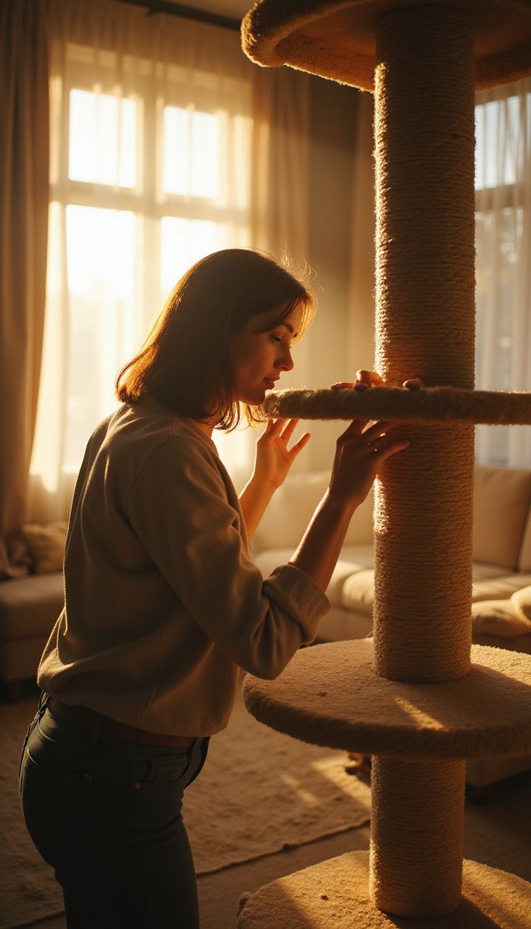 A woman diligently assembles a multi-level cat tree in her living room. A woman diligently assembles a multi-level cat tree in her living room.
