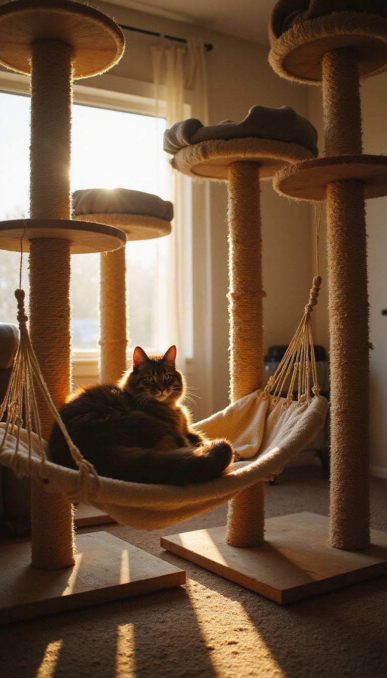 A Maine Coon relaxes majestically on a multi-level cat condo. A Maine Coon relaxes majestically on a multi-level cat condo.