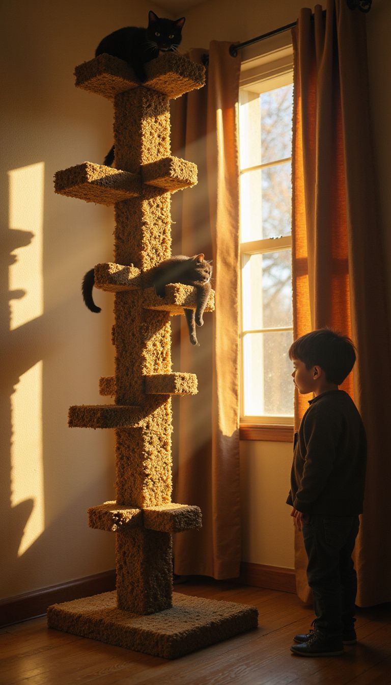 A tall Minecraft cat tree invites feline exploration and play. A tall Minecraft cat tree invites feline exploration and play.