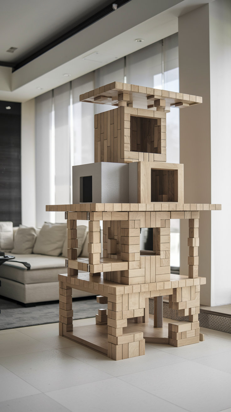 A focused young man intensely builds in Minecraft, surrounded by a gaming setup. minecraft-cat-tree