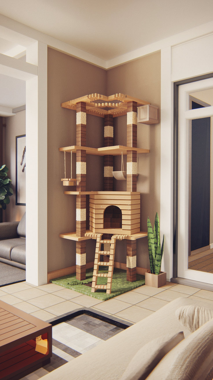 A cozy Minecraft treehouse with balconies for lounging cats.
