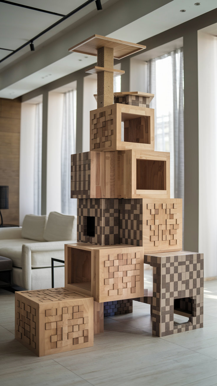 A woman intently engages with vibrant Minecraft-themed blocks in a cozy setting.