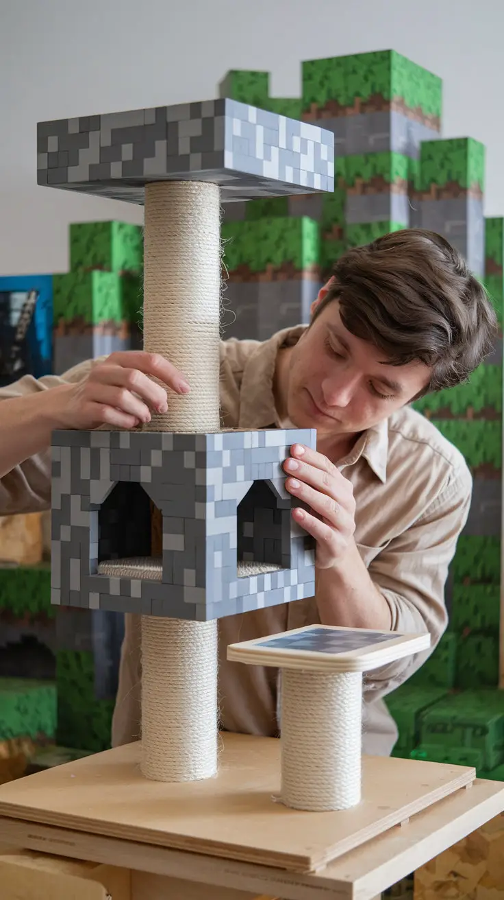 A young man meticulously builds a detailed Minecraft cat tree.