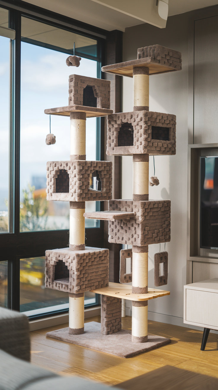 A pixelated character builds a colorful cat tree in a cozy room.