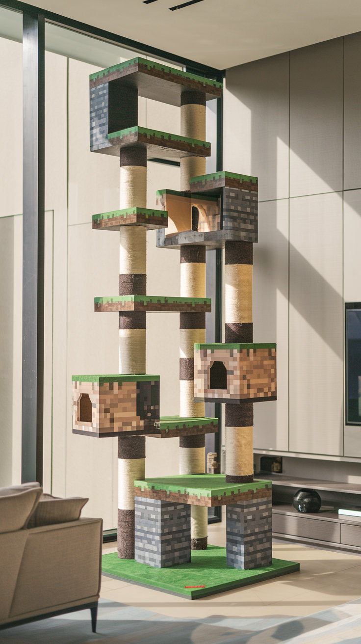 An adult stands beside a magical Minecraft cat tree. minecraft-cat-tree