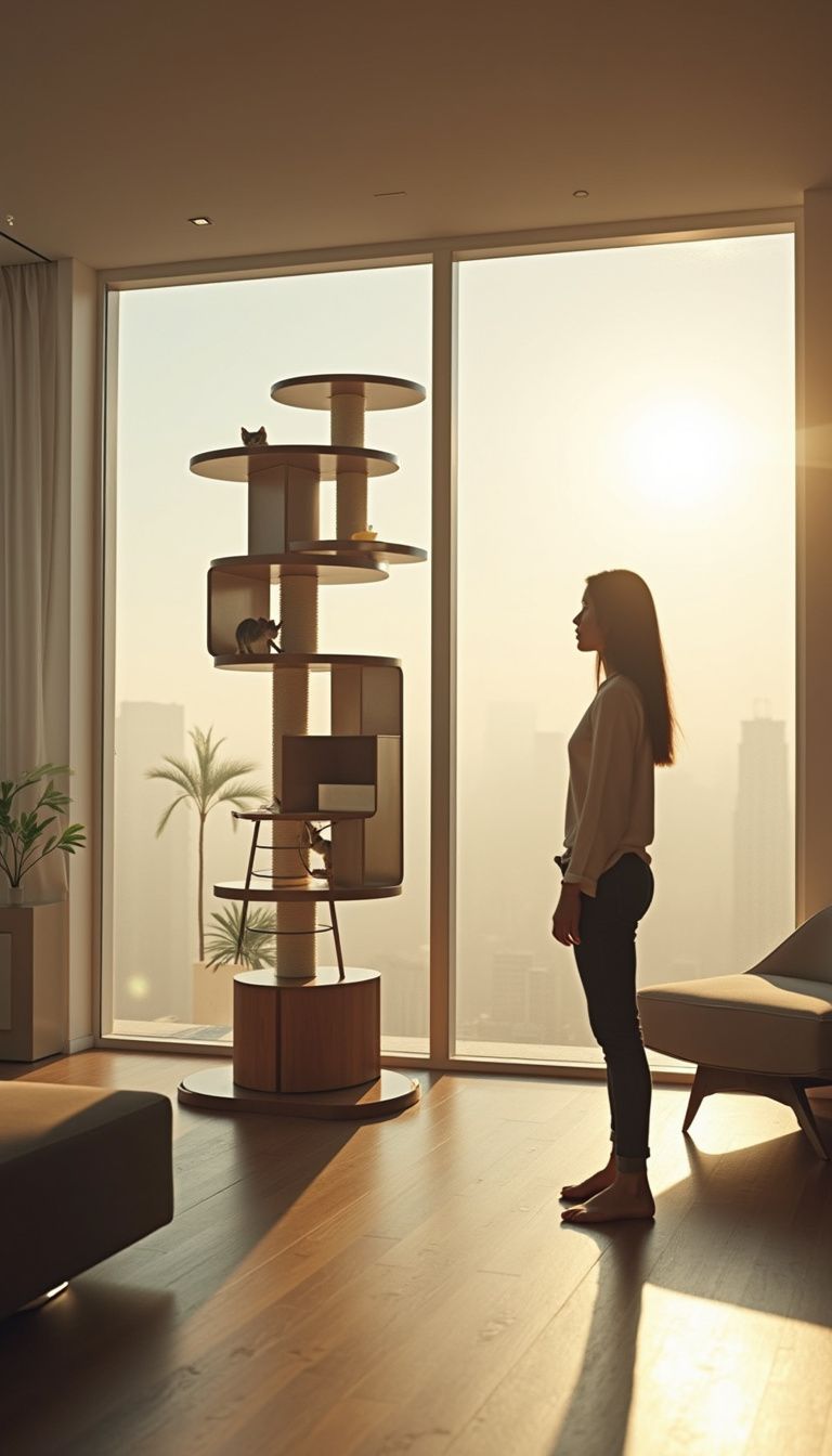A modern cat tree stands majestically in a stylish living room. A modern cat tree stands majestically in a stylish living room.