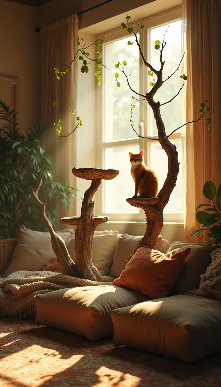 Cozy living room featuring nature-inspired cat trees and lush greenery. Cozy living room featuring nature-inspired cat trees and lush greenery.