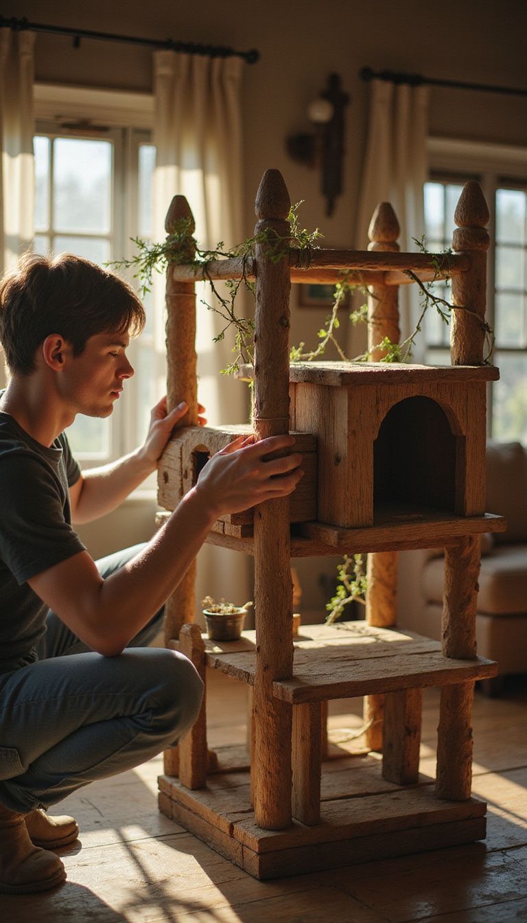 A focused adult crafts an elaborate cat tree from wood. A focused adult crafts an elaborate cat tree from wood.