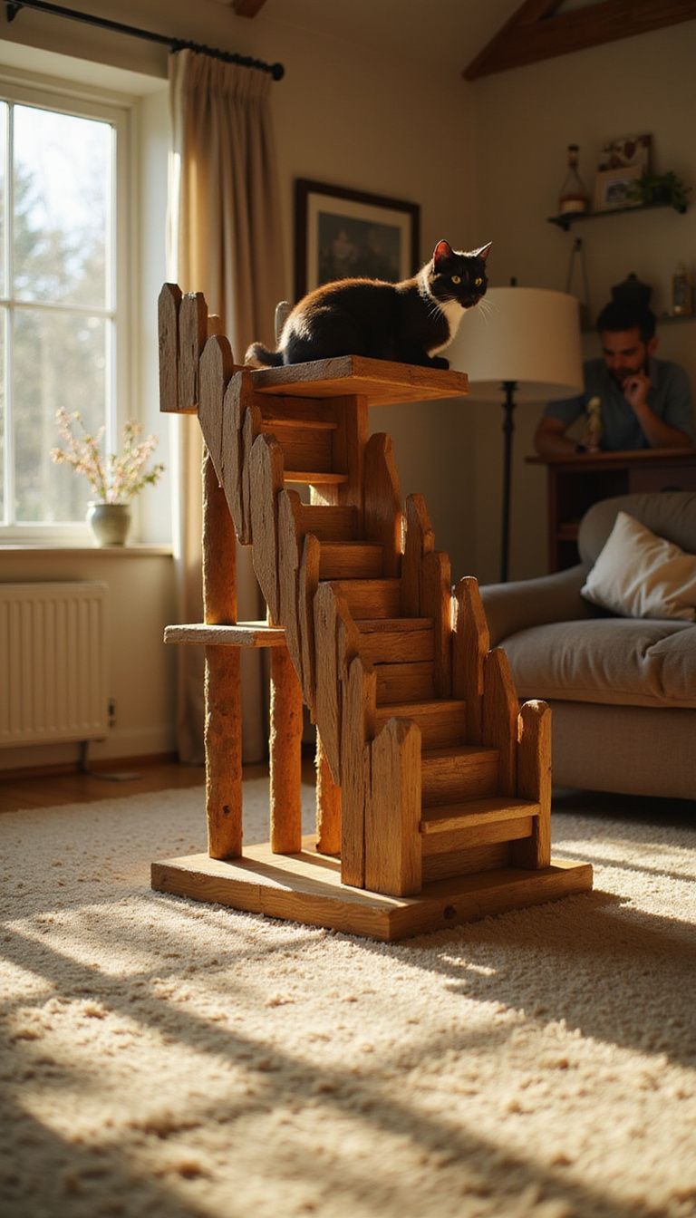 A cozy living room features a Minecraft-style cat tree and plush carpet. A cozy living room features a Minecraft-style cat tree and plush carpet.