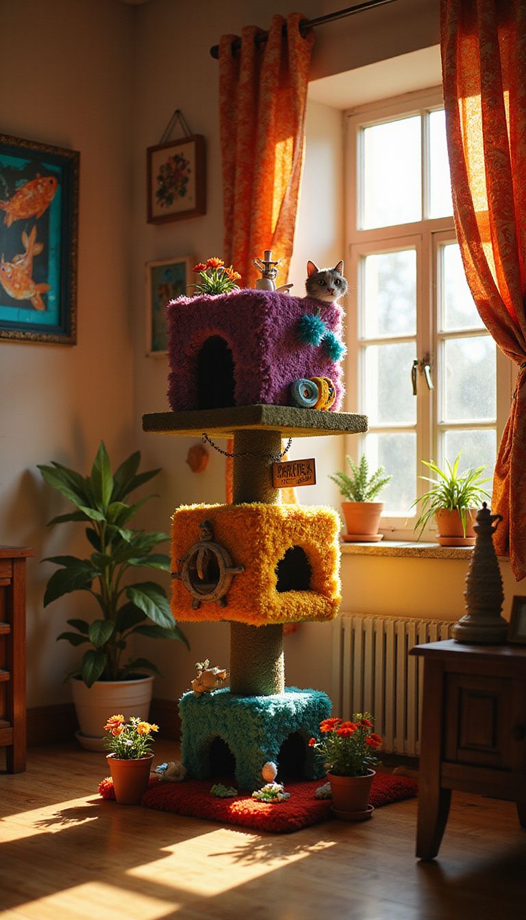 A whimsical cat tree and vibrant decor create a cozy sanctuary. A whimsical cat tree and vibrant decor create a cozy sanctuary.