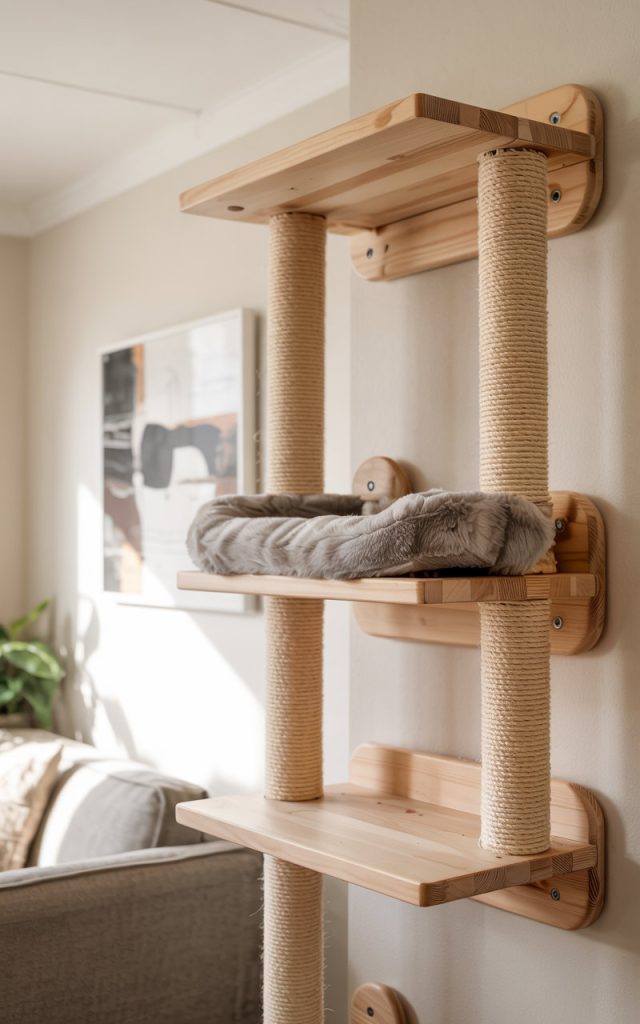 A DIY cat wall climber securely attached in a living room. Easy-DIY-Cat-Wall-Climber-Ideas