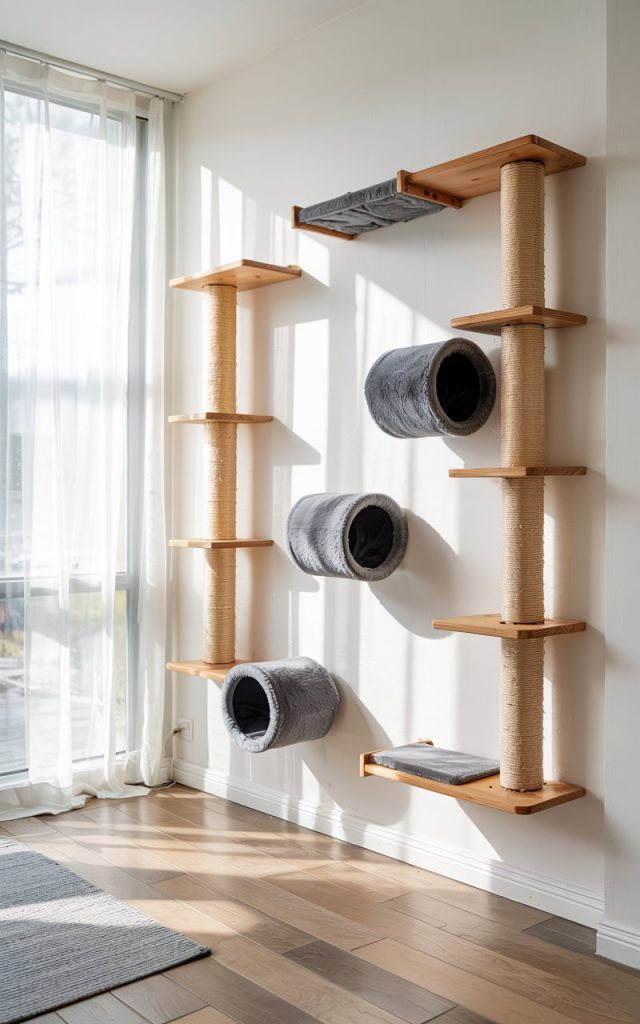 Two cats enjoying their DIY wall climber in a cozy living room. Easy-DIY-Cat-Wall-Climber-Ideas