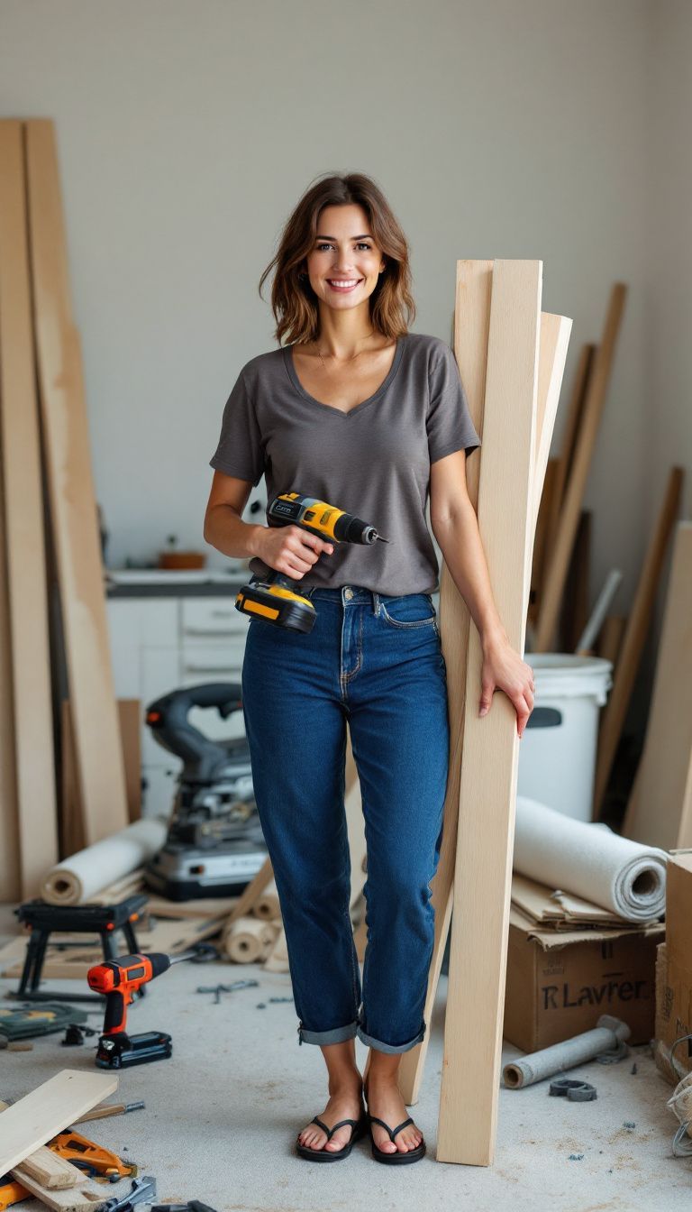 A woman in casual clothes holds a drill and wood planks in a cluttered garage. A woman in casual clothes holds a drill and wood planks in a cluttered garage.