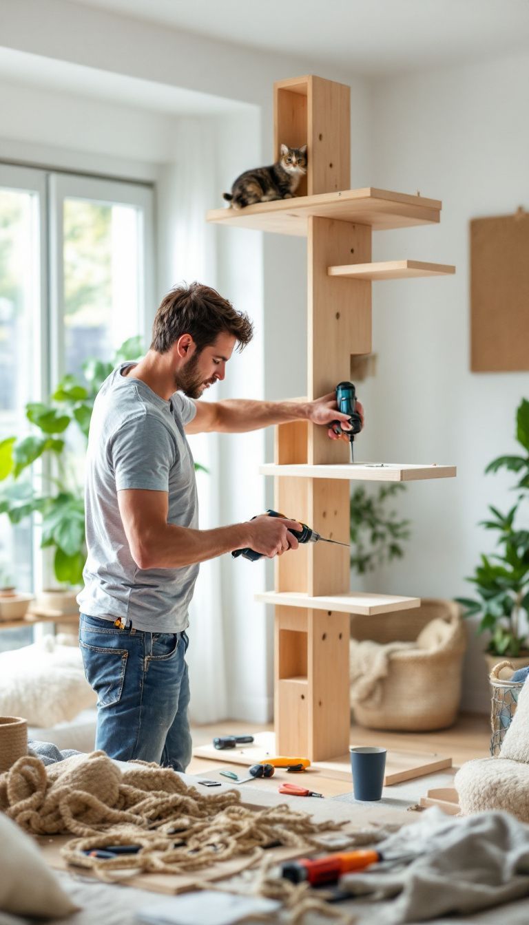 A person builds a cat climbing wall in a cozy living room. A person builds a cat climbing wall in a cozy living room.
