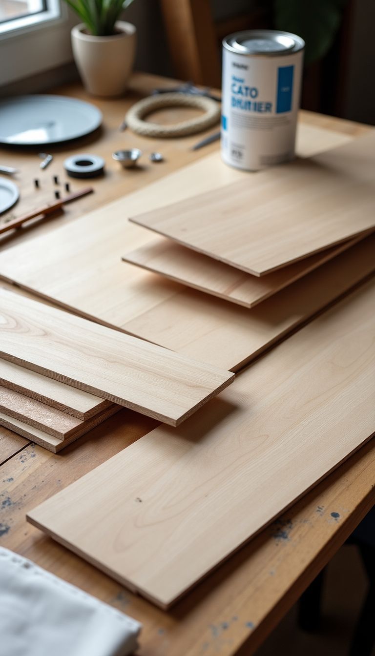 A cluttered workbench with materials for building a DIY cat wall climber. A cluttered workbench with materials for building a DIY cat wall climber.