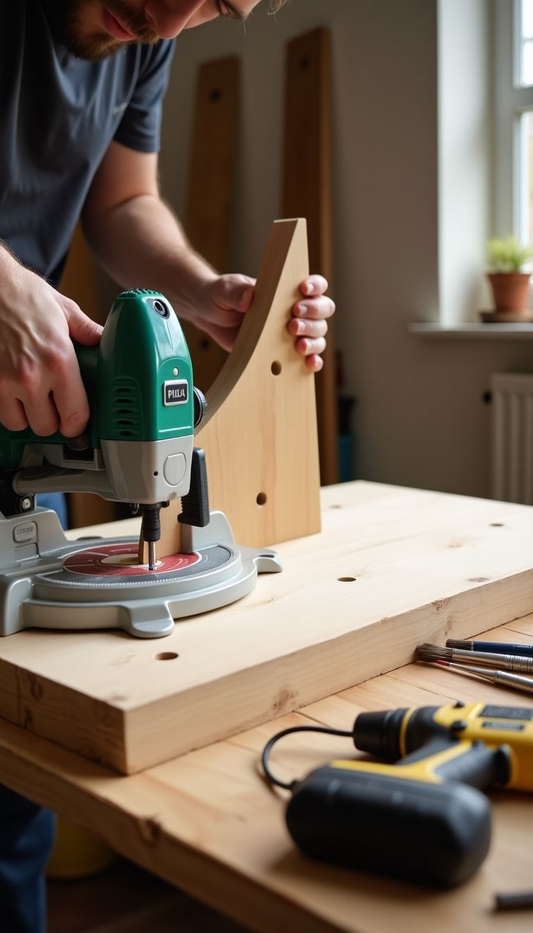 A wood saw cutting wood for a cat wall climber in a workshop. A wood saw cutting wood for a cat wall climber in a workshop.