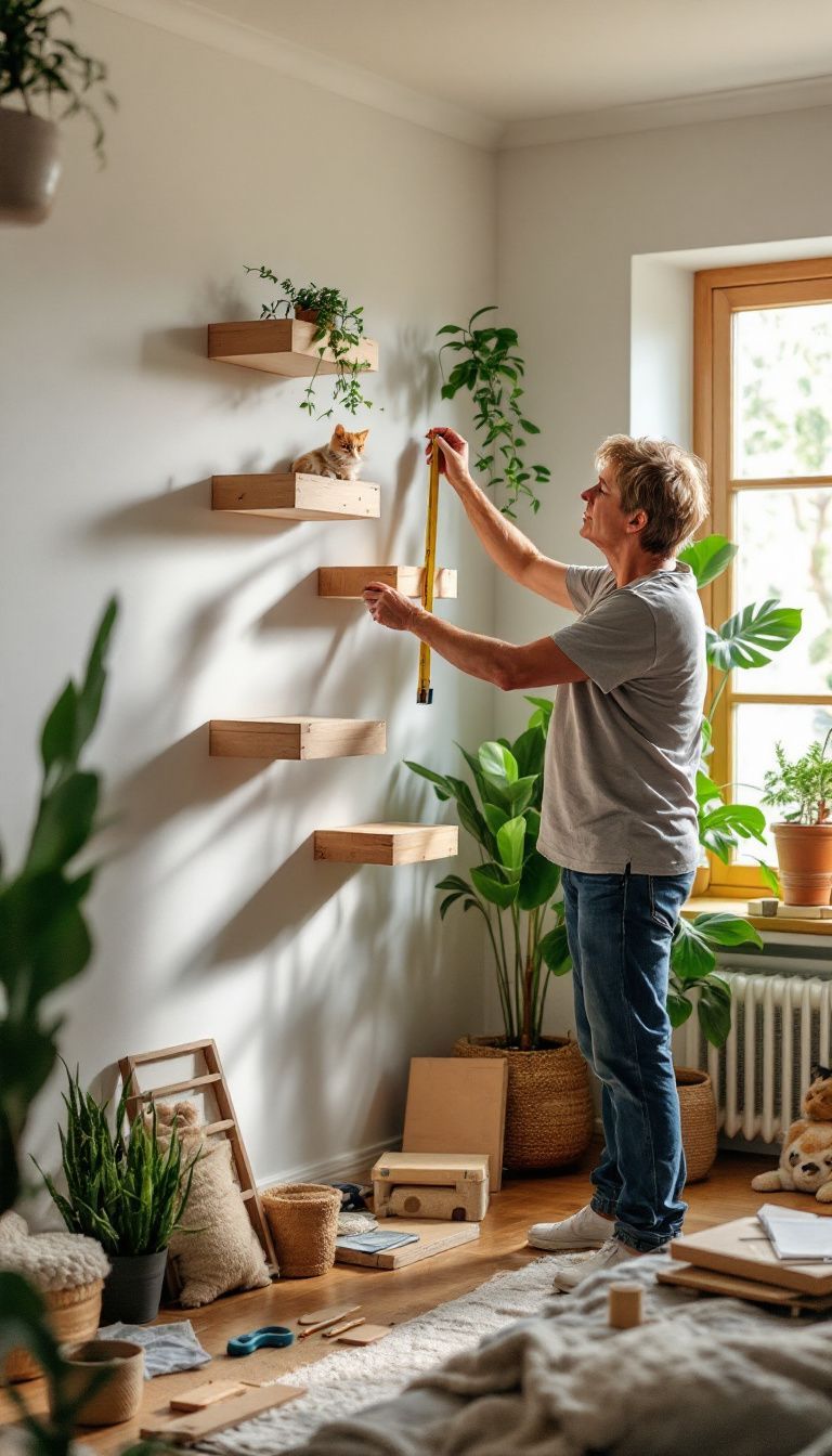 A middle-aged person measures and marks a wall for cat shelves. A middle-aged person measures and marks a wall for cat shelves.