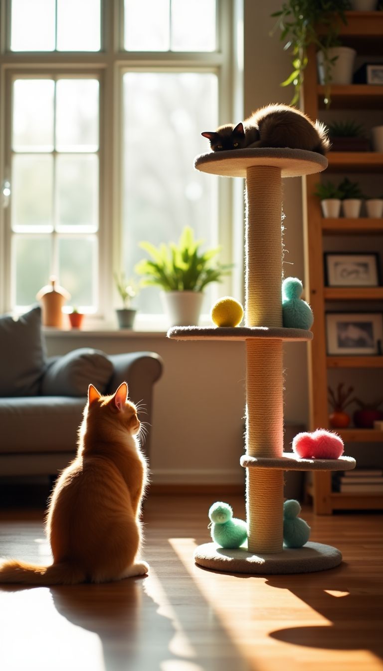 A well-lit living room with a cat climber and colorful toys. A well-lit living room with a cat climber and colorful toys.