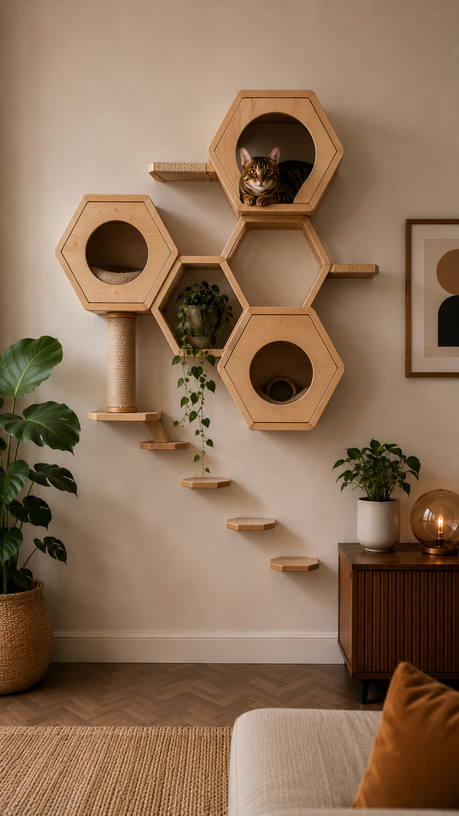 Cozy cat climbing wall in warm tones